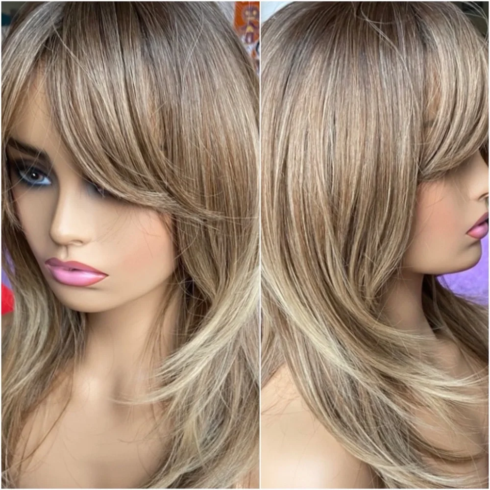 Layered Long Wig with Face-Framing Bangs - Blonde Brown Blend